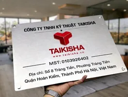Bảng hiệu công ty inox trắng xước logo nổi 3D ăn mòn kim loại – chính diện bảng hiệu công ty inox trắng xước logo nổi 3D sơn tĩnh điện full màu