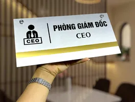 bảng tên phòng giám đốc CEO inox 304 trắng xước dải vàng có icon pictogram song ngữ việt anh