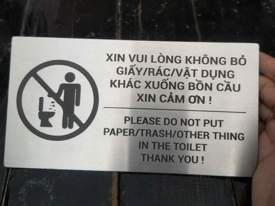 Bảng nội quy toilet inox song ngữ Việt Anh bảng nội quy nhà vệ sinh không bỏ giấy rác vào bồn cầu