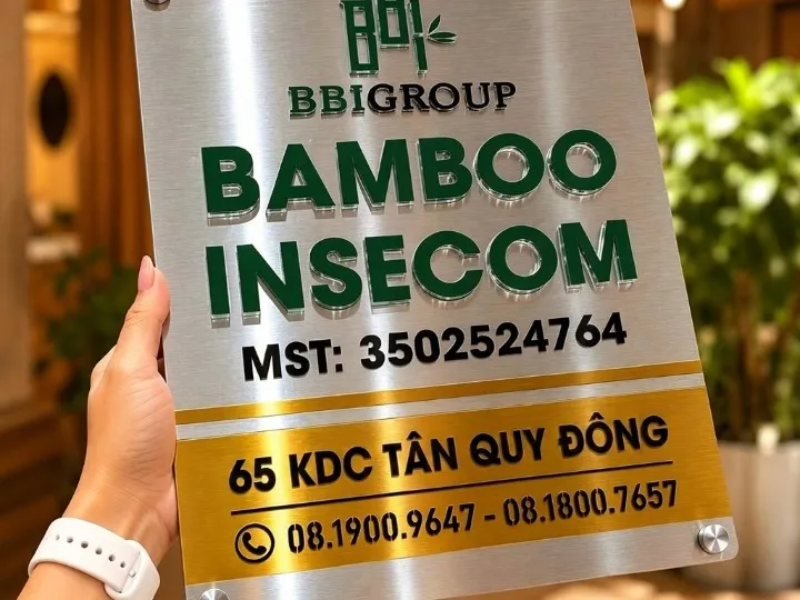 Làm bảng công ty quận 7 inox hairline phối vàng tại KDC Tân Quy Đông Bảng tên doanh nghiệp inox hairline phối kim loại màu vàng tại Quận 7