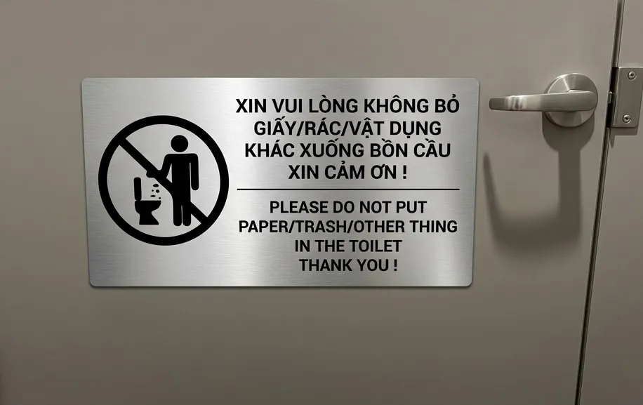 Bảng nội quy toilet lắp đặt trên cửa nhà vệ sinh thực tế