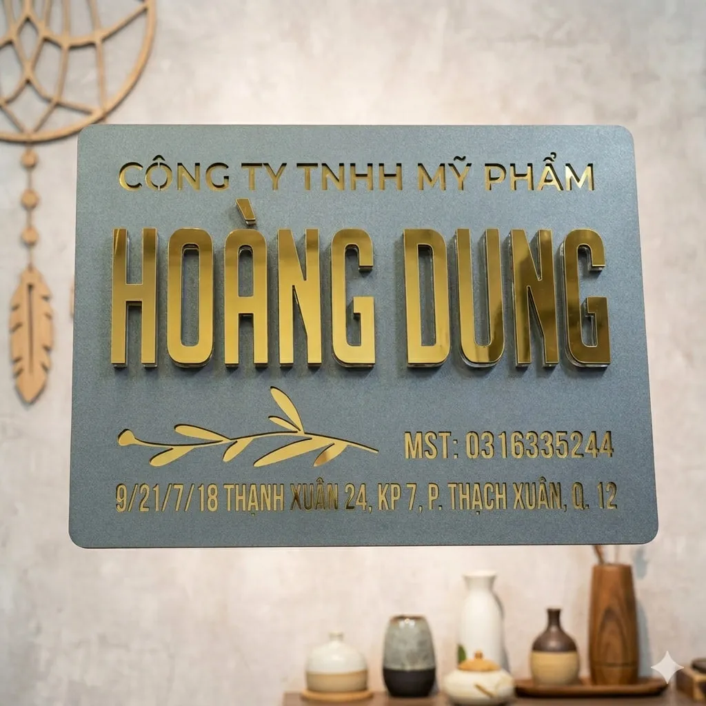 Bảng hiệu công ty inox xám khói chữ nổi 3D vàng gương cạnh bo – nhìn tổng thể mặt trước Bảng hiệu công ty inox xám khói chữ nổi 3D vàng gương cạnh bo tròn họa tiết lá cành tinh tế