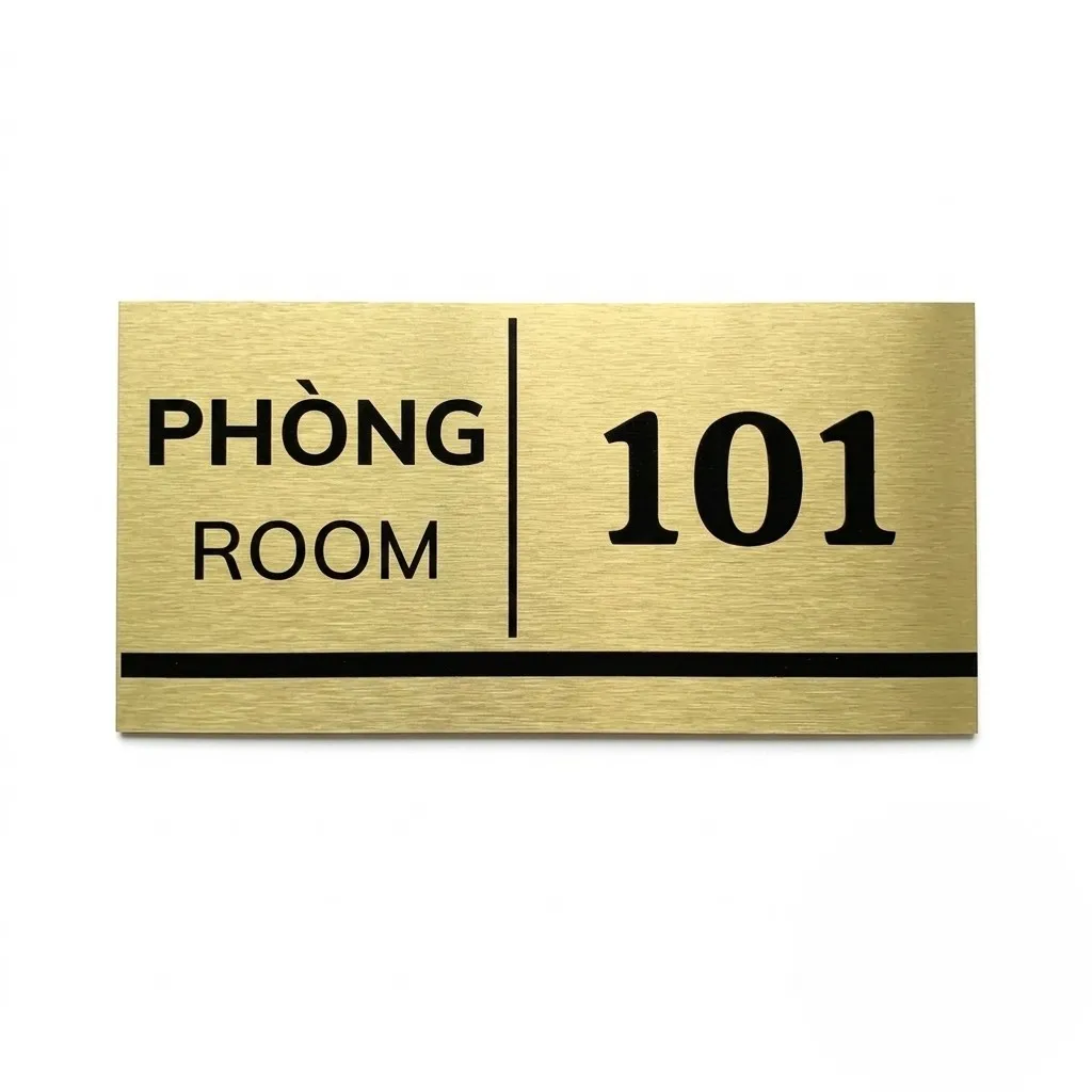 Bảng số phòng song ngữ chụp chính diện nền trắng Bảng số phòng song ngữ Việt-Anh chụp cận cảnh studio