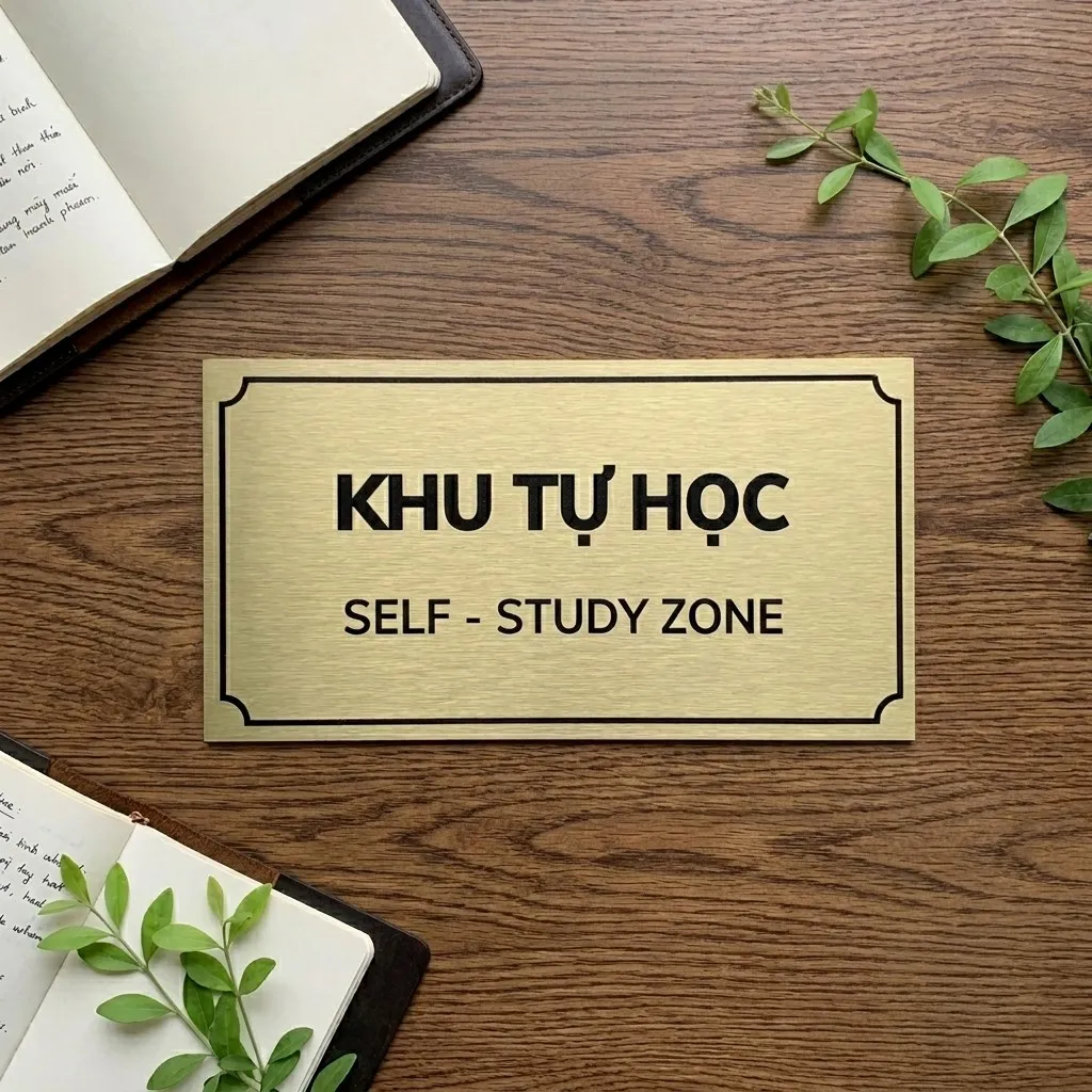 Bảng Khu Tự Học đặt trong không gian học tập với sổ tay và cây xanh Bảng tên Khu Tự Học inox vàng xước trong không gian học tập