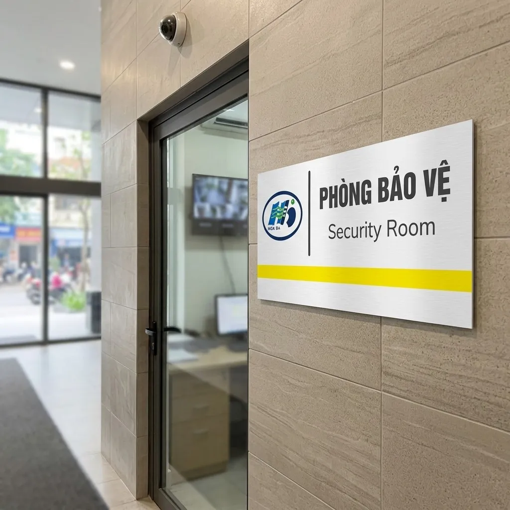 Bảng tên Phòng Bảo Vệ gắn trên tường đá ốp cạnh cửa kính văn phòng