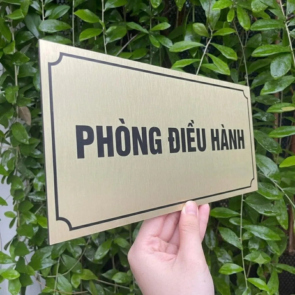 Cận cảnh chữ ăn mòn trên bảng tên phòng điều hành inox vàng xước Cận cảnh chữ đen ăn mòn trên bảng tên phòng điều hành inox vàng xước