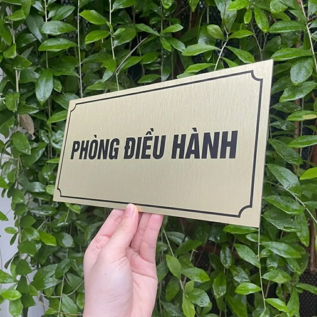 Bảng tên phòng điều hành inox vàng xước nhìn từ góc nghiêng Bảng tên phòng điều hành inox vàng xước góc nghiêng thấy rõ bề mặt phay xước