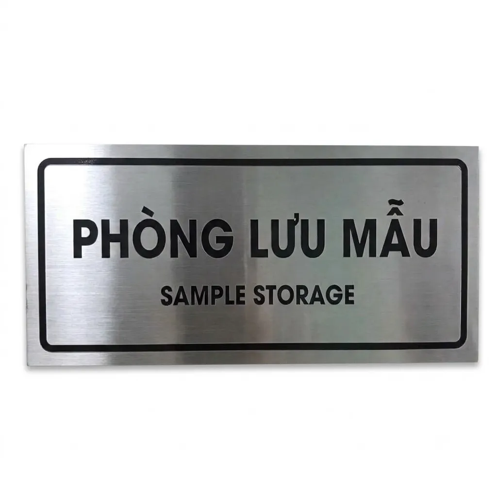 Bảng Tên Phòng Lưu Mẫu Inox 304 – Chính Diện Rõ Nét bảng tên phòng lưu mẫu inox 304 bạc xước in uv sample storage chính diện