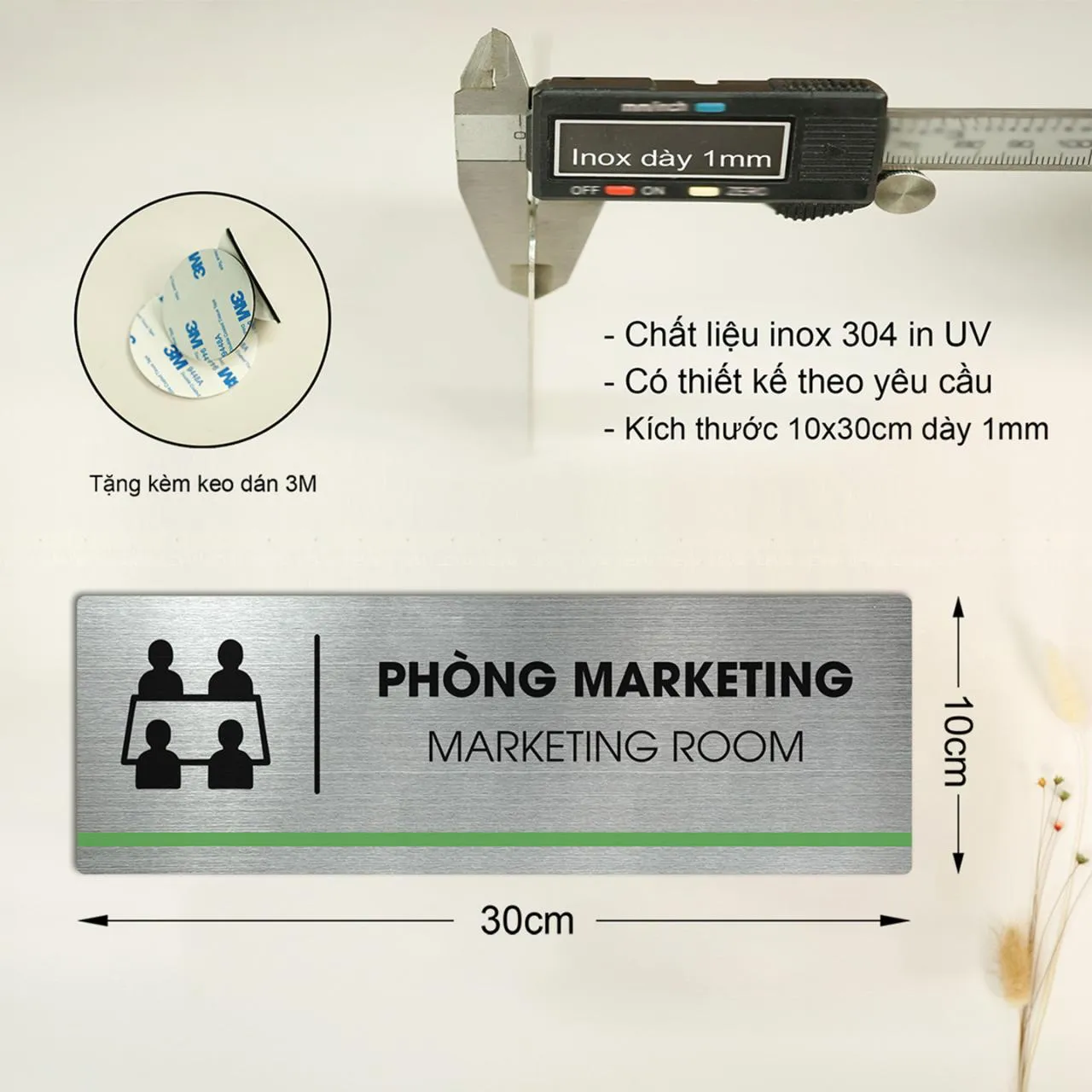 bảng tên phòng inox 304 ăn mòn hóa học kích thước 10x30cm dày 1mm tặng kèm keo dán 3M
