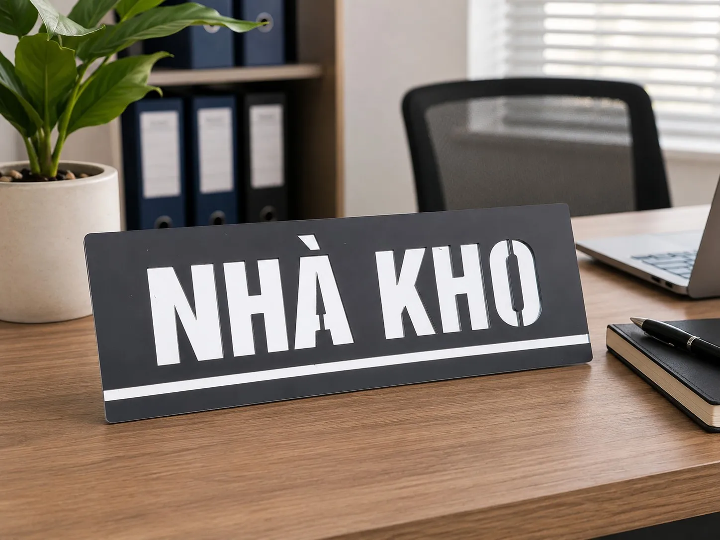 Bảng nhà kho inox đặt trong không gian văn phòng – phối cảnh thực tế Bảng nhà kho inox đen nhám chữ trắng xước phối cảnh thực tế