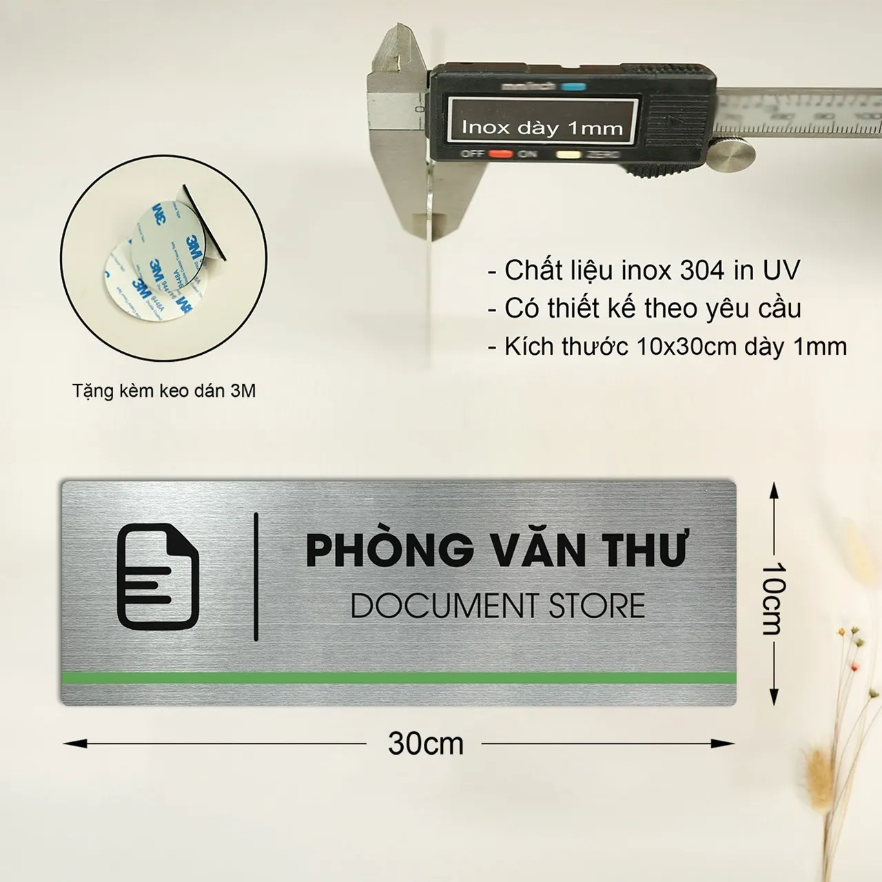 Thông số kỹ thuật bảng tên phòng văn thư inox 304 – 10x30cm dày 1mm, kèm keo 3M Thông số bảng tên phòng văn thư inox 304 kích thước 10x30cm dày 1mm, tặng keo dán 3M chuyên dụng