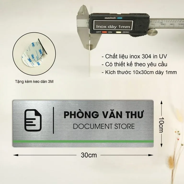 Infographic thông số kỹ thuật bảng tên phòng văn thư inox 304 và phụ kiện keo dán 3M đi kèm