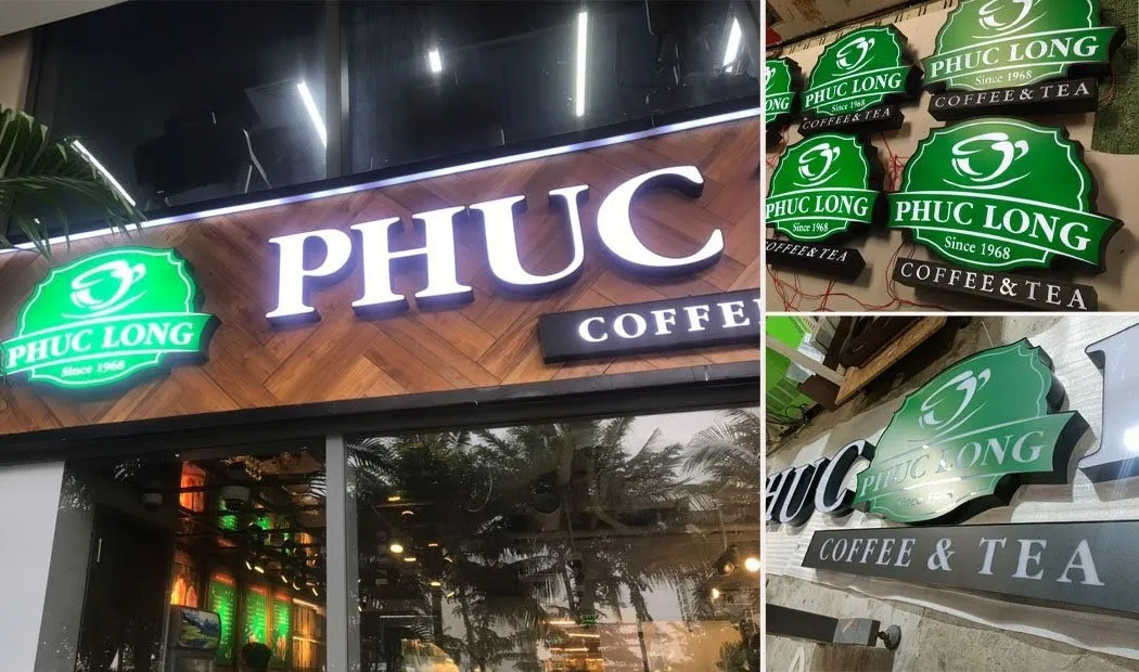 Biển Hiệu Phúc Long Coffee Hoàn Thiện Sáng Đẹp Ban Đêm Biển quảng cáo Phúc Long chữ nổi inox trắng nền gỗ tự nhiên logo xanh sáng đẹp ban đêm