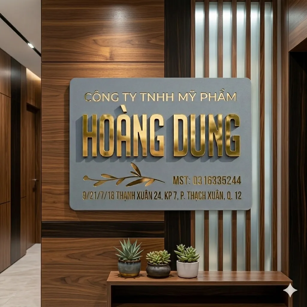 Bảng hiệu công ty inox vàng gương phối cảnh văn phòng ốp gỗ tự nhiên hiện đại Bảng hiệu công ty inox xám khói chữ nổi 3D vàng gương gắn tường văn phòng ốp gỗ walnut hiện đại