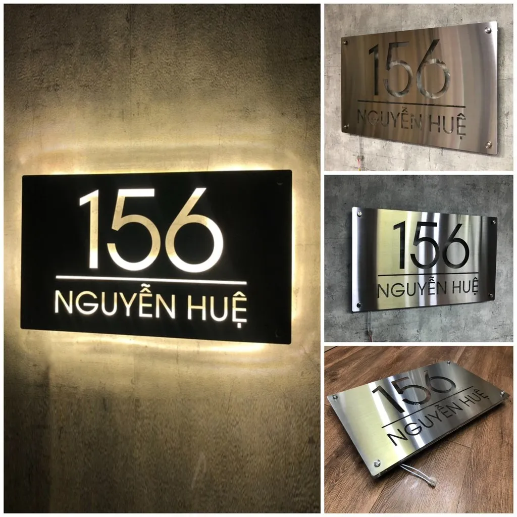 Bảng số nhà inox 304 hairline LED halo — hiệu ứng ngày và đêm Bảng số nhà inox 304 hairline cắt CNC đèn LED halo backlit, so sánh ban ngày và ban đêm