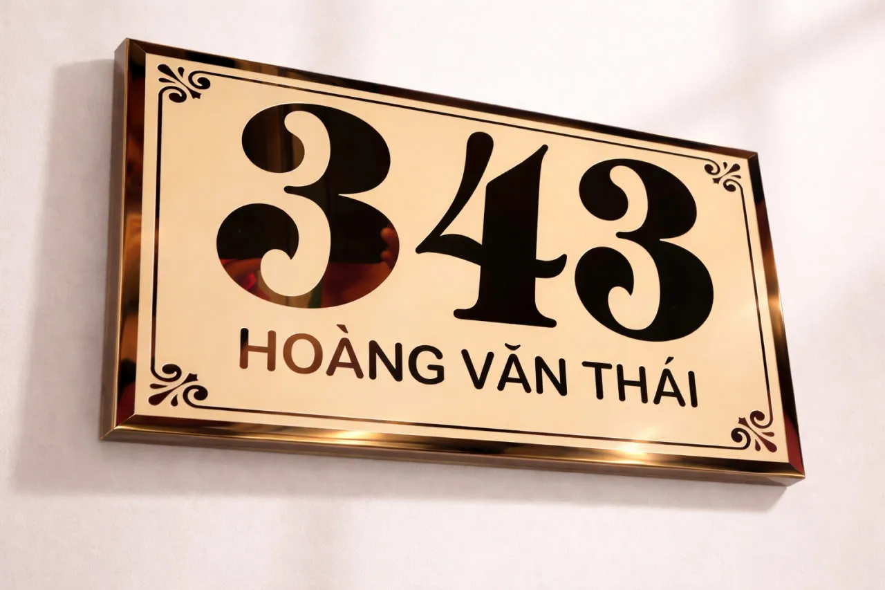 bảng số nhà inox vàng gương gắn tường sang trọng phù hợp biệt thự villa