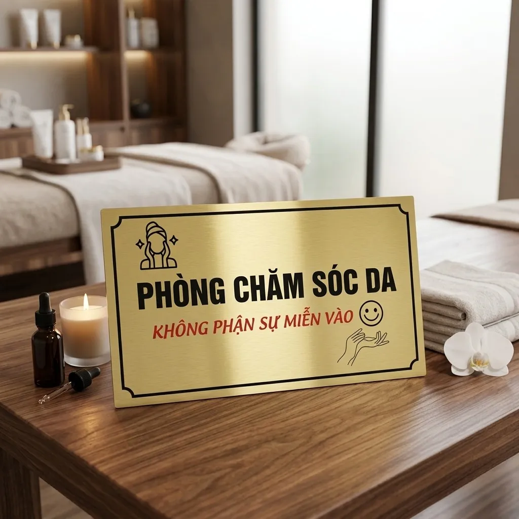 Bảng tên phòng chăm sóc da inox vàng xước trong không gian spa