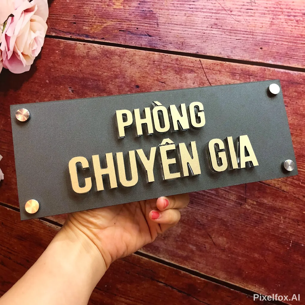 bảng tên phòng chữ nổi 3D cầm tay thấy rõ chữ vàng inox nổi trên nền đen mờ vít inox góc