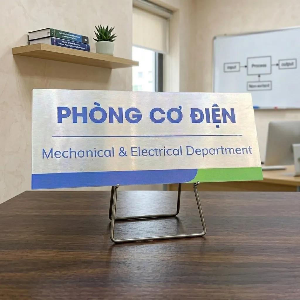 Bảng tên phòng cơ điện inox đặt trên giá đỡ inox trong phòng làm việc