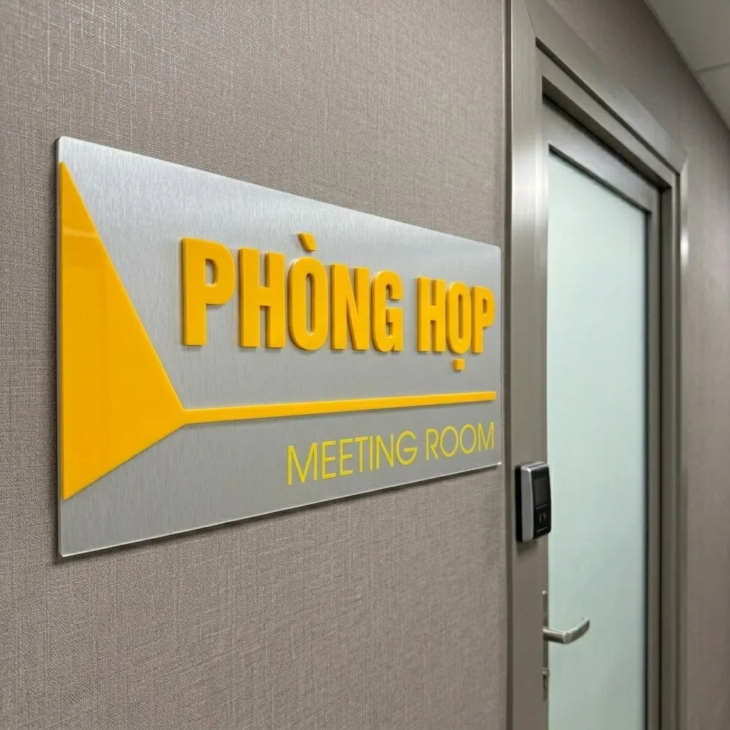 Bảng tên phòng họp mica nổi gắn tường hành lang văn phòng Bảng phòng họp inox trắng xước chữ mica nổi gắn tường hành lang văn phòng hiện đại