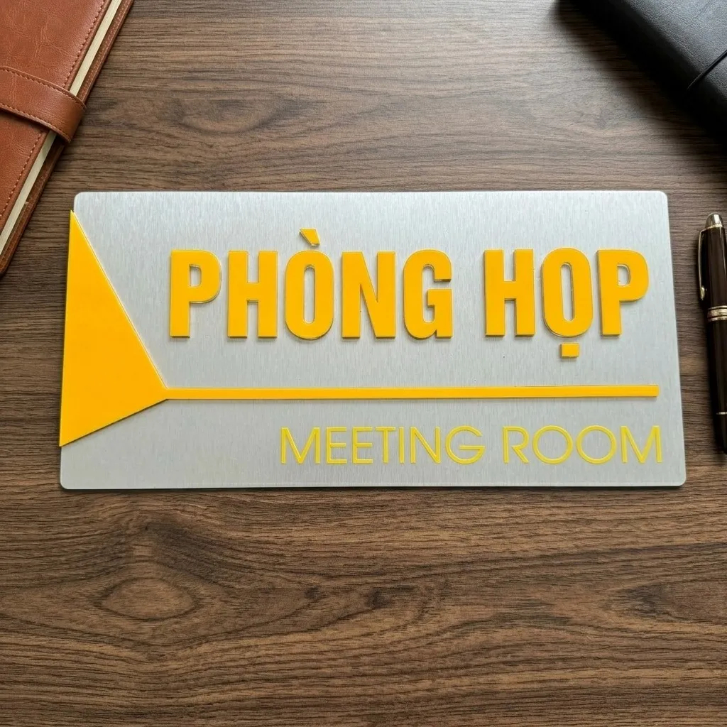 Bảng phòng họp mica nổi đặt trên bàn văn phòng – phối cảnh thực tế Bảng tên phòng họp inox trắng xước chữ mica nổi vàng cam đặt trên bàn văn phòng