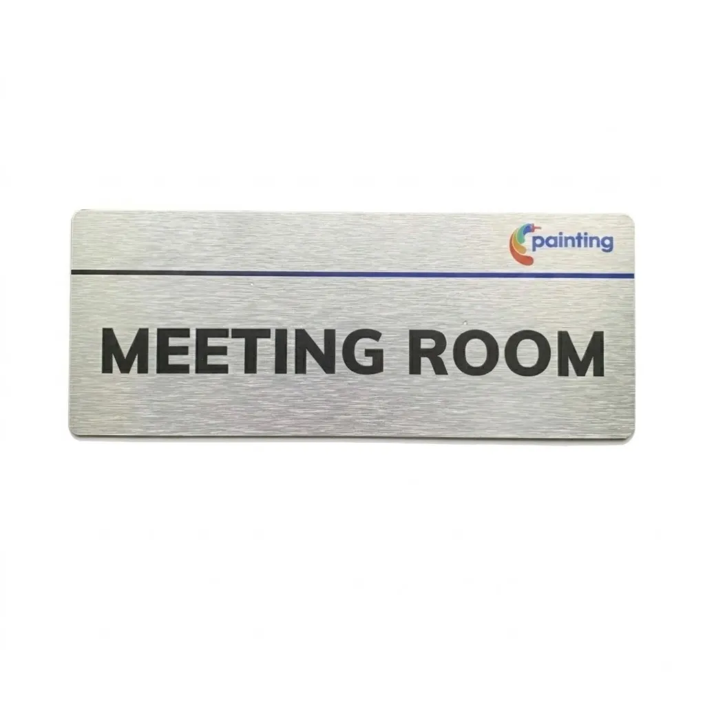 Bảng tên Meeting Room inox bạc xước nền trắng Bảng tên Meeting Room inox bạc xước chụp studio nền trắng