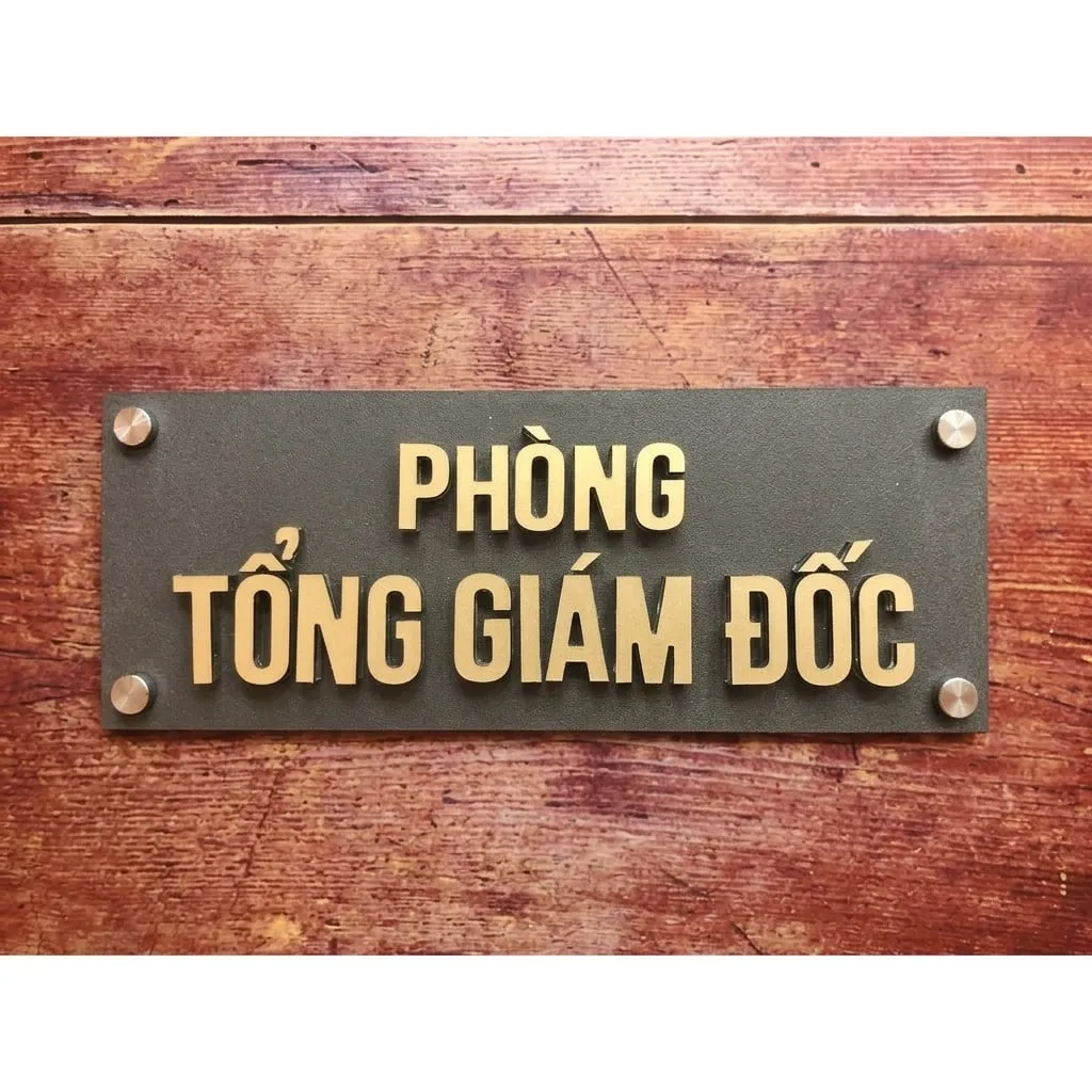 bảng tên phòng inox 304 chữ nổi 3D vàng xước nền đen mờ phòng tổng giám đốc