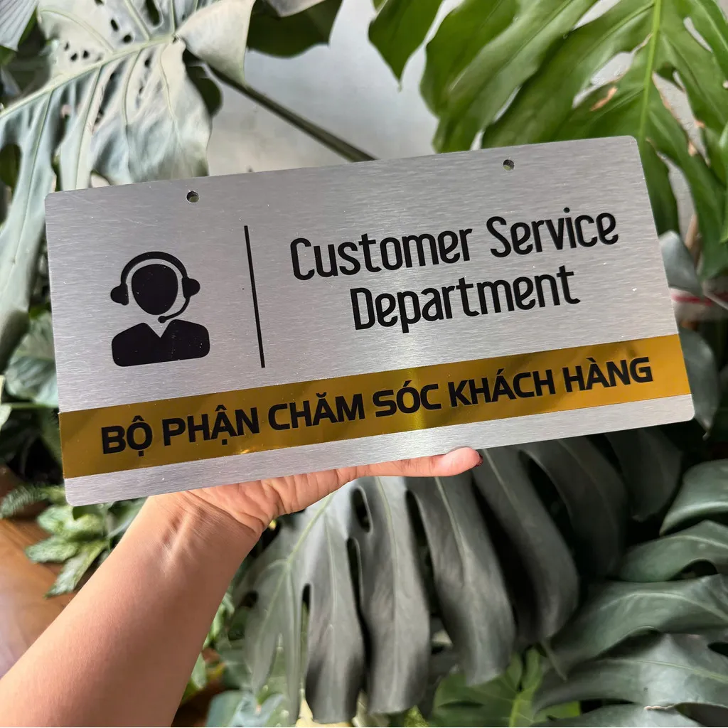 Bảng tên phòng chăm sóc khách hàng inox xước bạc phối vàng gương Bảng tên phòng Customer Service Department – Bộ Phận Chăm Sóc Khách Hàng inox xước bạc
