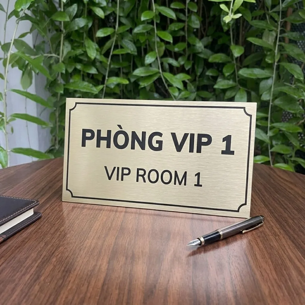 Bảng tên phòng VIP inox vàng xước đặt trên bàn gỗ cạnh bút và sổ tay