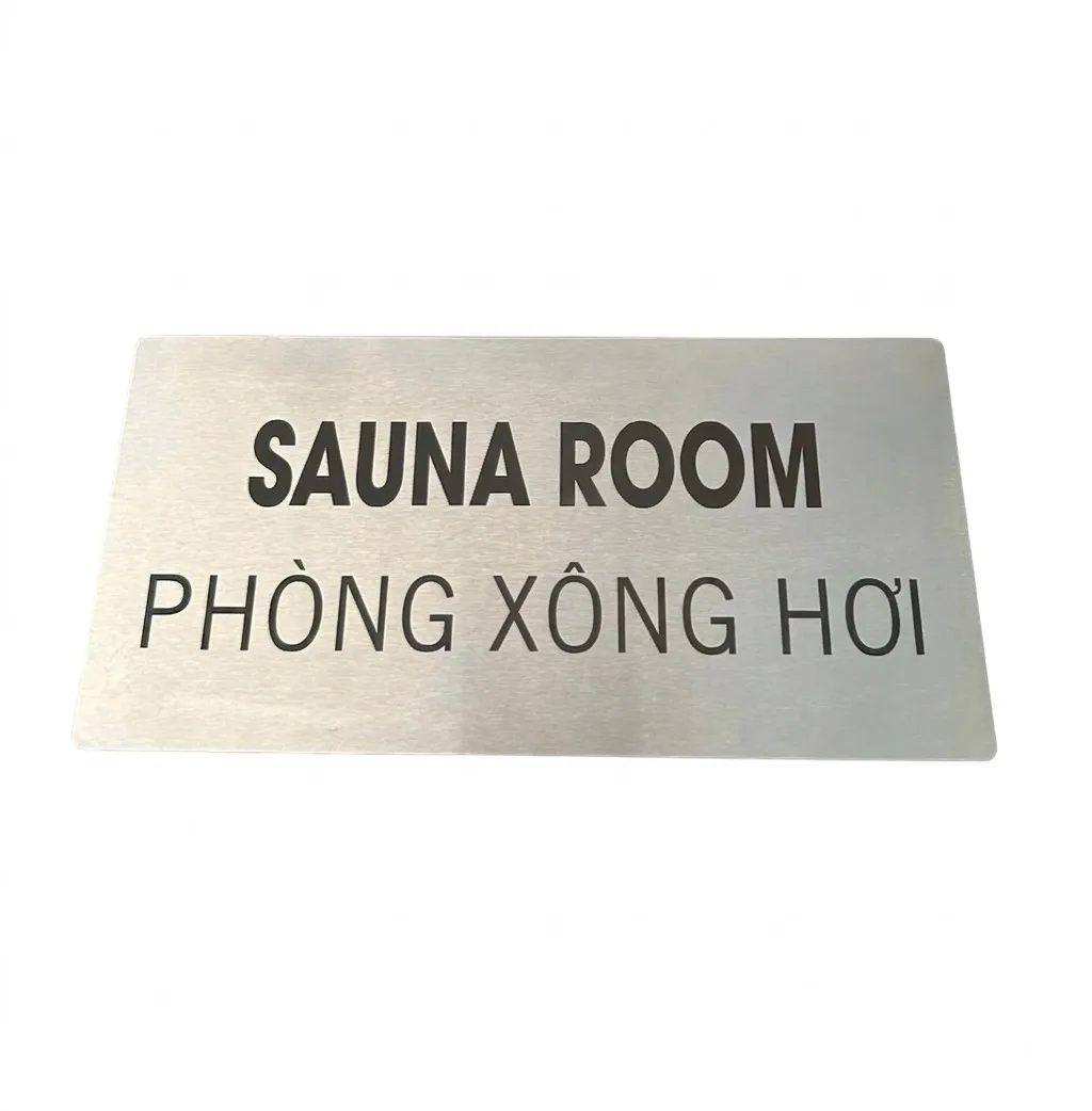 Biển Sauna Room inox bạc xước nền trắng Biển Sauna Room - Phòng Xông Hơi inox bạc xước chụp studio nền trắng