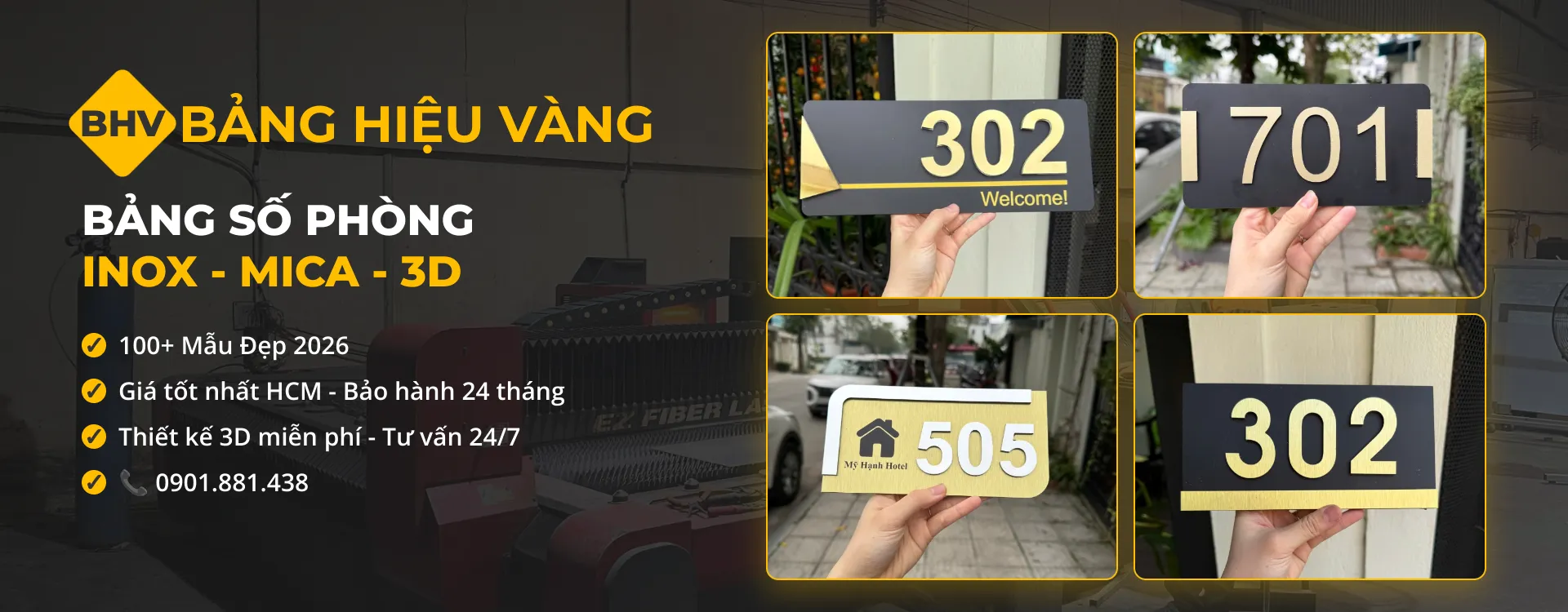 Bảng Số Phòng Inox, Chữ Nổi 3D, Mica | Bảng Hiệu Vàng