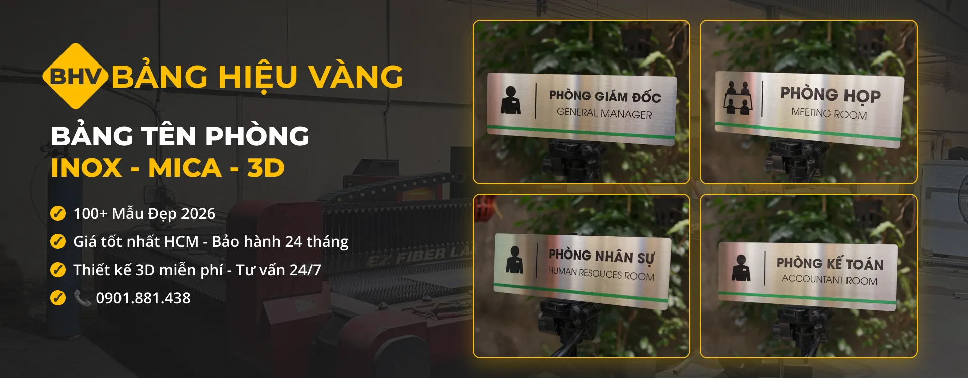 Bảng Tên Phòng Văn Phòng Inox, Mica, Chữ Nổi 3D | Bảng Hiệu Vàng